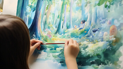 A child painting a magical forest scene with watercolors, using soft brushstrokes to create a dreamy and mystical atmosphere filled with fantasy creatures.