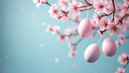 Fototapeta premium Pastel pink Easter eggs hang on cherry blossom branches against blue sky. Spring nature holiday decoration concept for banners, greeting cards, spring sales. Whimsical floral springtime aesthetic.