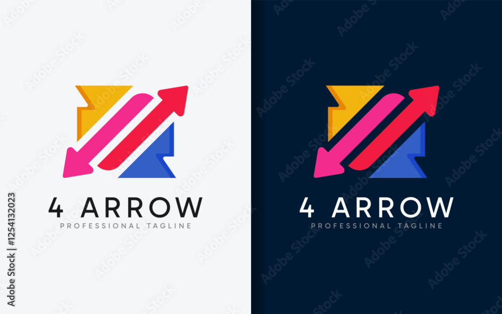 Poster 4 Arrow Logo Design. Colorful Minimalist with Connecting 2 Arrow and 2 Invisible Arrow Concept. Usable for Business, Tech, Services Company.