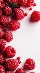   A group of raspberries arranged neatly on a white background alongside a sheet of paper