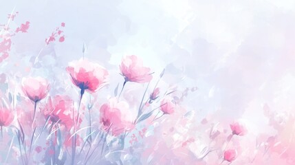 Fototapeta premium Delicate Pink Flowers In A Soft Watercolor Field