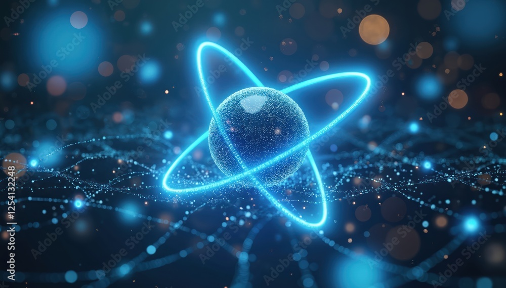 Aufkleber AI generated nuclear energy abstract background. Blue atom model with orbits. Future disruptive tech innovation graphic design for digital automation, robotic science, physics projects.