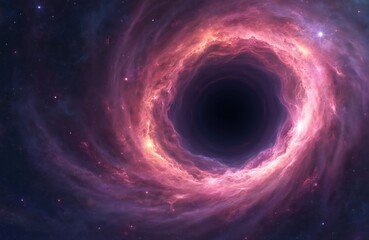 Fototapeta premium Space digital artwork of black hole in cosmos. Pink nebula swirls around darkness, with star dust. Cosmic galaxy illustration, scientific stellar astrophysical concept.