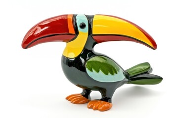Naklejka premium A colorful ceramic toucan figurine stands on a white background