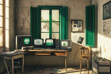 Retro Computing Room: Sunlit Vintage Workspace with Multiple CRT Monitors Displaying Green Screens