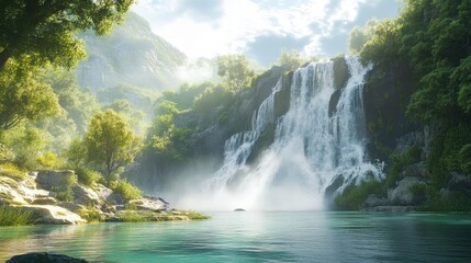 Fototapeta premium Majestic Waterfall Cascading into Crystal-Clear Lake Surrounded by Lush Forest