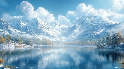 Obraz premium A serene winter landscape featuring snow-capped mountains and a tranquil lake.
