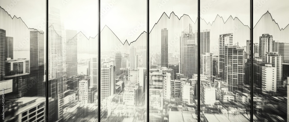 Poster in a future urban scene, towering buildings are interspersed with dynamic data visuals and luminous 