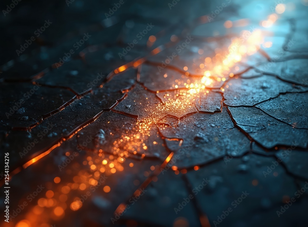 Poster Dark shattered background with blur lens flare. Distressed screen matrix texture has dust scratches and smeared stains, defocused orange blue white glow.