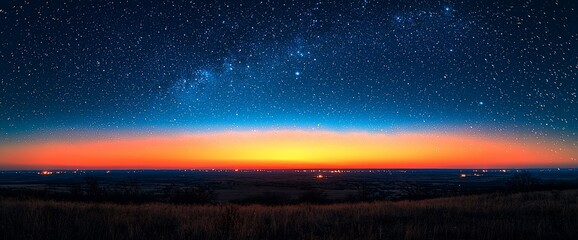 Starry night sunset over rural landscape, city lights in distance. Wallpaper