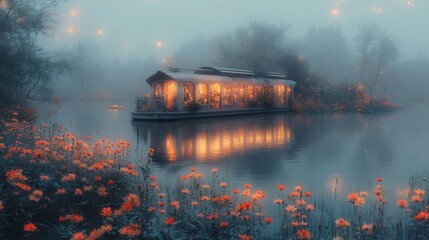 Fototapeta premium A serene, misty scene featuring a glowing houseboat surrounded by vibrant flowers by a tranquil lake.