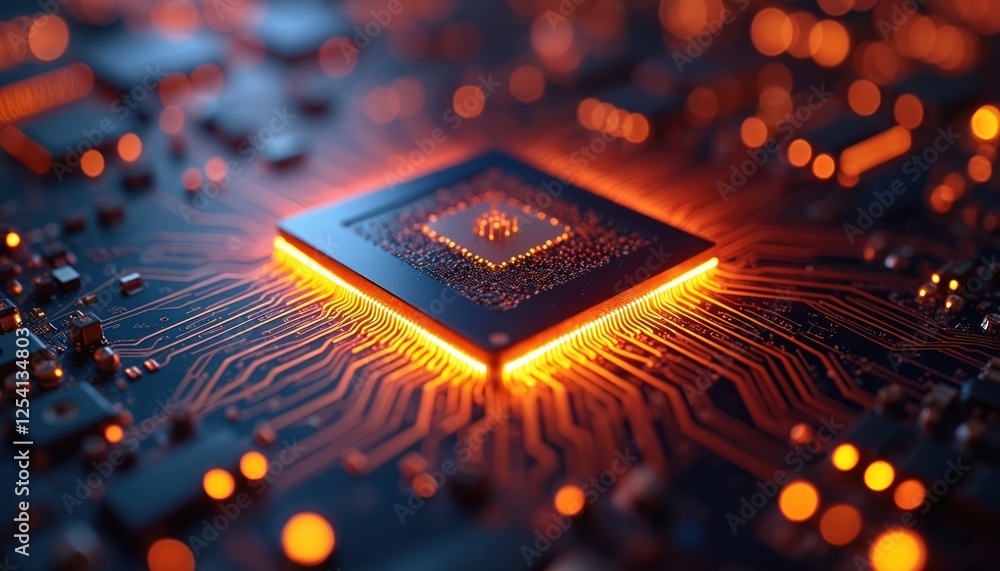 Leinwandbilder Extreme close-up of quantum processor chip with glowing orange superconducting qubits, complex quantum computing architecture. Modern tech detail futuristic technology for science, computing,