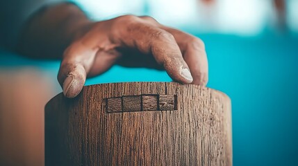 Close-up of a skilled artisan's hand shaping a wooden craft piece in a bright workshop
