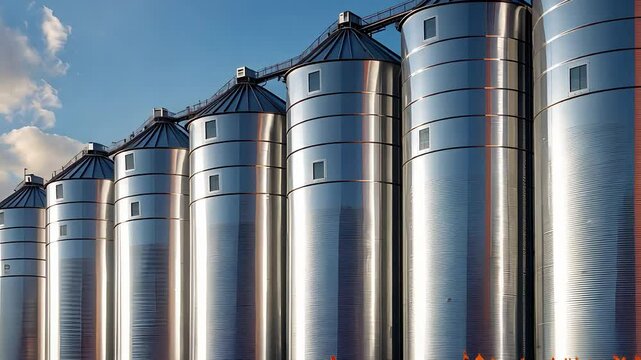 Large Industrial Metal Grain Silos in a Row Under a Blue Sky, Used for Agricultural Storage and Food Supply Chain

