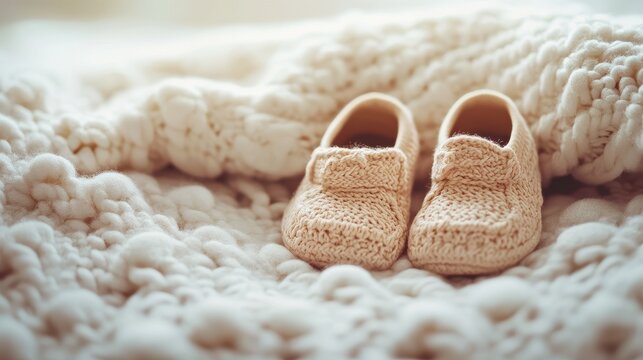 Pregnancy Announcement with Baby Shoes A pregnancy announcement scene with a pair of baby shoes placed on a soft blanket, celebrating the joyful news.