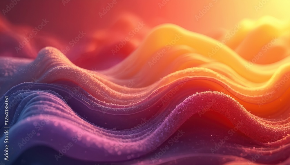 Poster illustration of fluid multicolored waves with gradient of red yellow violet color tones. abstract co