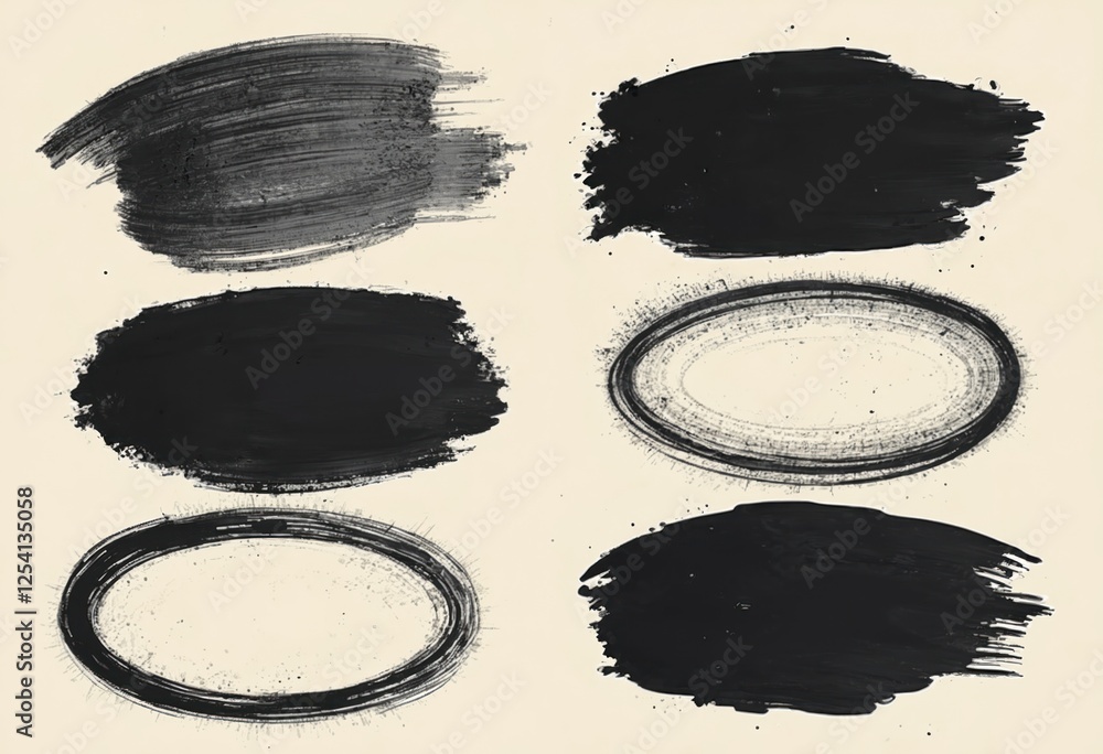 Poster hand drawn black ink brush stroke circle line visual set on pastel background. rough sharpened artis