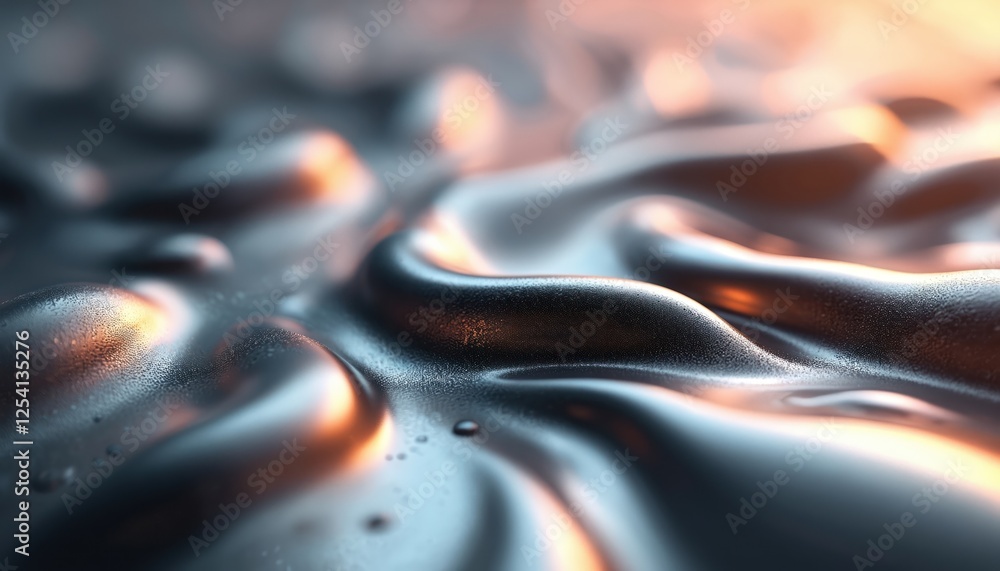 Poster Close-up of metallic fluid with reflective surface, creates captivating pattern in soft hues of silver, black, peach tones. Smooth modern abstract design.