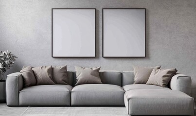 Modern gray sectional sofa, blank frames, textured wall, interior design mockup