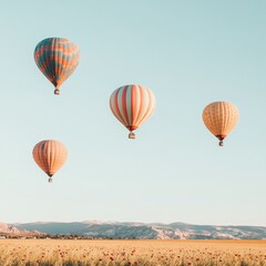Obraz premium Hot air balloons drift gracefully over a vast field under a clear blue sky in the early morning light. Generative AI