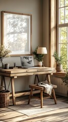 Fototapeta premium A functional yet stylish workspace in a Scandinavian home, featuring a white frame above a wooden desk.