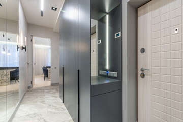 A corridor in the apartment with a beige entrance door. Grey built-in wardrobe in front of a large mirror.