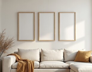 Beige living room interior with three picture frames mockup. Contemporary design features sofa, pillows, throw, dry plants, stucco wall. Minimalist style, luxury hotel lounge design template.