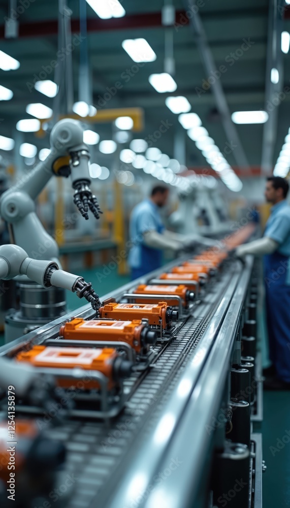 Poster assembly line at modern manufacturing facility with advanced robotics, workers assembling orange pro