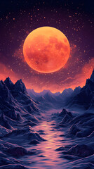 Fototapeta premium <Surreal Moonlit Landscape: Majestic Mountains and Orange Moon Reflecting in Tranquil Waters Under a Starry Sky>