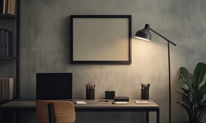 Modern home office desk mockup, blank frame, evening light