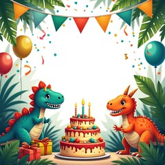 Naklejka premium Cute dinosaurs celebrate birthday with cake, gifts, balloons and confetti. Festive jurassic era party with cheerful dino characters, streamers, jungle leaves. Happy birthday background.