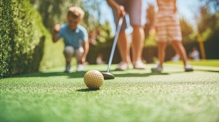 Family Playing Mini Golf on a Sunny Day