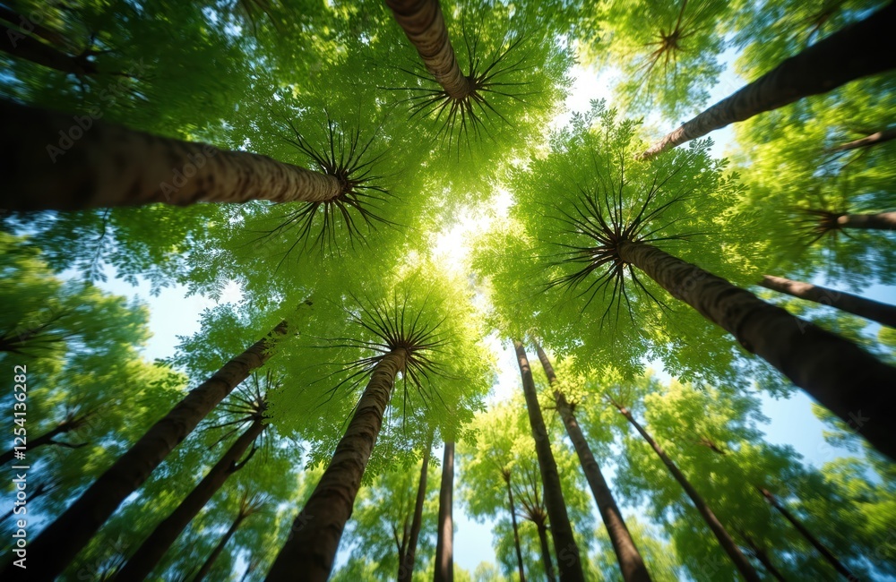 Poster Bottom view of high tree trunks with green leaves in summer forest. Sunlight shines through branches in park with fresh air, lush foliage on sunny day.
