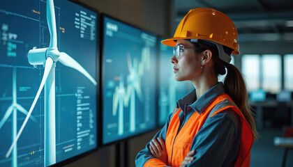 Female engineer in uniform monitors air windmills work, looking at diagram in office. Woman works with renewable power generation, alternative energy. Green electricity industry concept.