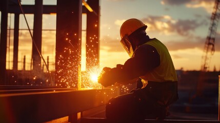 Fototapeta premium An intimate portrait of a construction worker welding steel beams on a bridge construction site, Bridge welding scene, Technical and focused style