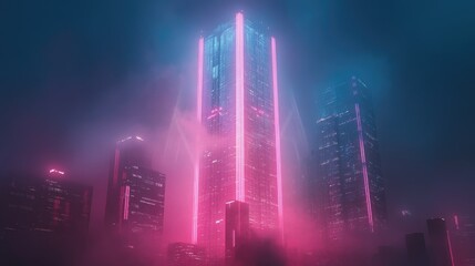 Obraz premium Futuristic cityscape featuring illuminated skyscrapers in a misty atmosphere.