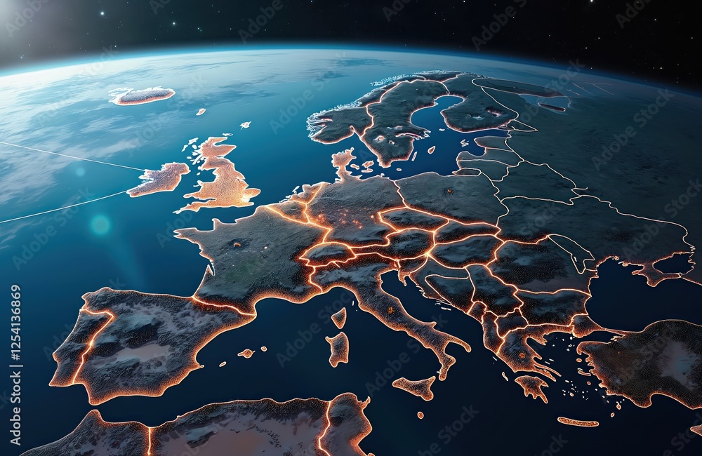 Poster europe from space with glowing network connections. global internet via telecommunication satellite 