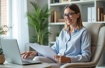 Female psychologist in glasses consults with patient online via laptop. Psychiatrist provides mental health support, holds documents, sits on armchair in office, smiles, talks. Telemedicine.