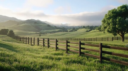 Picturesque Ranch Landscape at Sunrise with Fenced Pasture and Rolling Hills