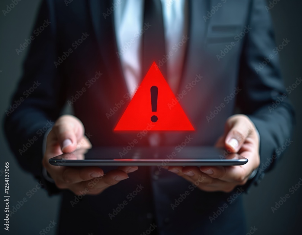 Aufkleber Businessman holds tablet with system hacked alert, red triangle with exclamation mark. Cyber attack on computer network and cybercrime warning. Virus, malware or malicious software danger.