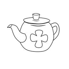 Cute Outline Drawing of a Teapot with a Four-Leaf Clover Design