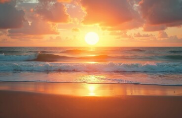 Serene sunset reflects on ocean water. Warm colors fill sky with clouds, waves reach sandy beach creating peaceful atmosphere, relax mood on scenic summer vacation travel.