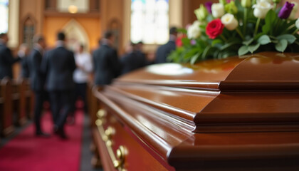 Funeral service with attendees gathered around a wooden casket