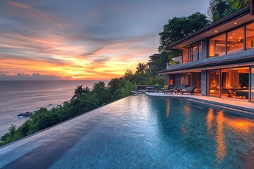 Luxurious modern house with an infinity pool and ocean view at sunset, featuring white walls and wood details