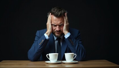 Stressed businessman in suit sits table with cups. Man expresses frustration, sorrow. Problems, trouble, emotions, stress management, concentration at work, burnout, deadline.