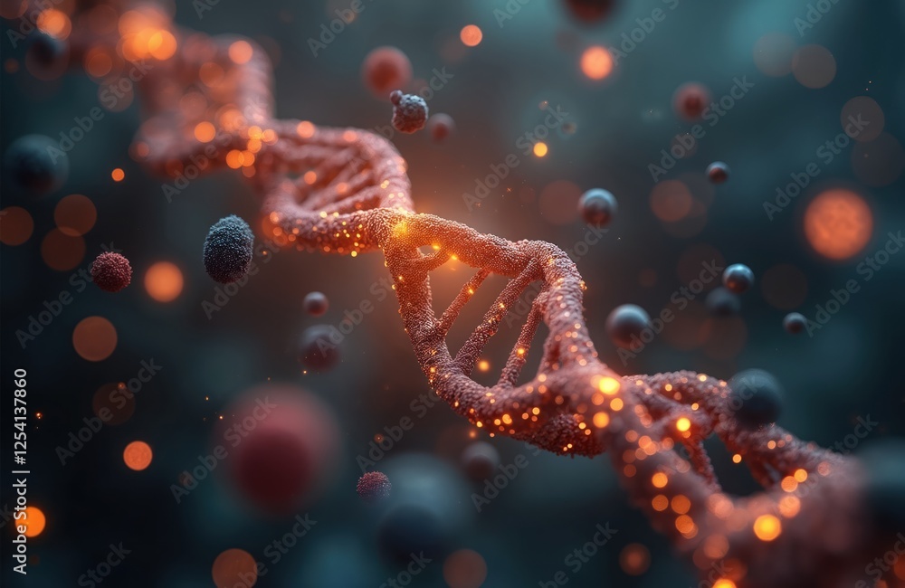 Poster Digital 3D rendering of DNA helix surrounded by floating molecules. Highlights complexity of genetic communication, data exchange, cellular architecture. Biochemistry innovation in dynamic molecular