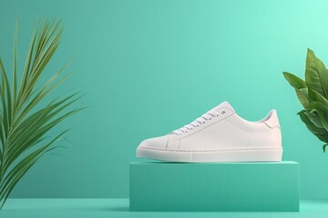 Stylish white sneaker displayed on a teal platform with green plants in a modern setting