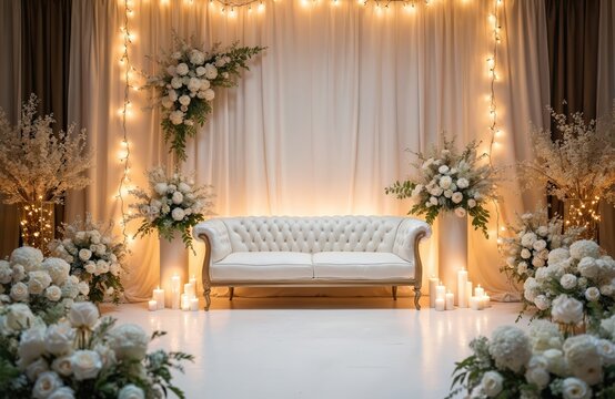 Wedding reception stage decoration. White sofa flowers setting for marriage background. Floral decorations, light garlands on scene. Romantic ceremony, celebration, tradition in hall, indoor design.