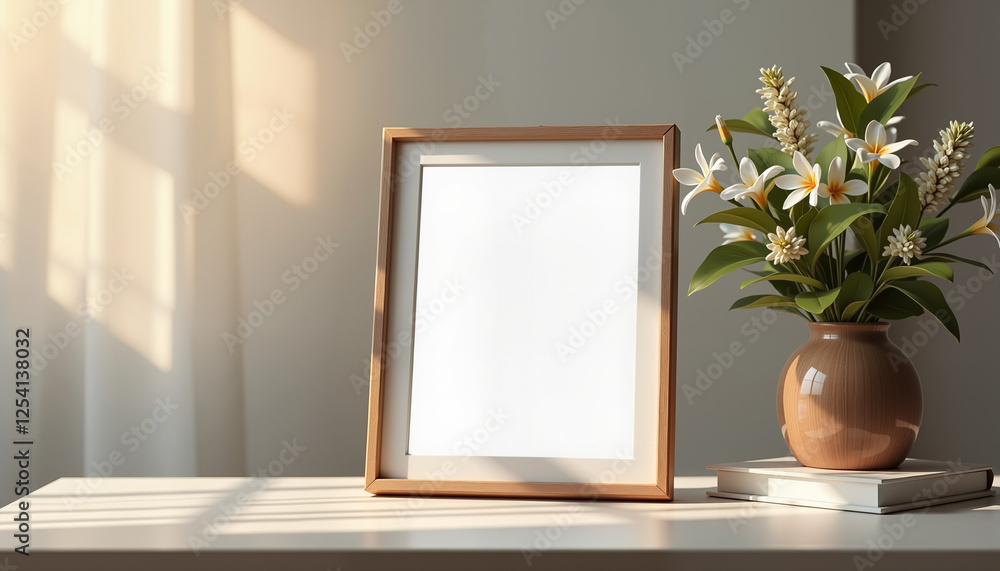 Wall mural Decorative vase with flowers and empty frame on table