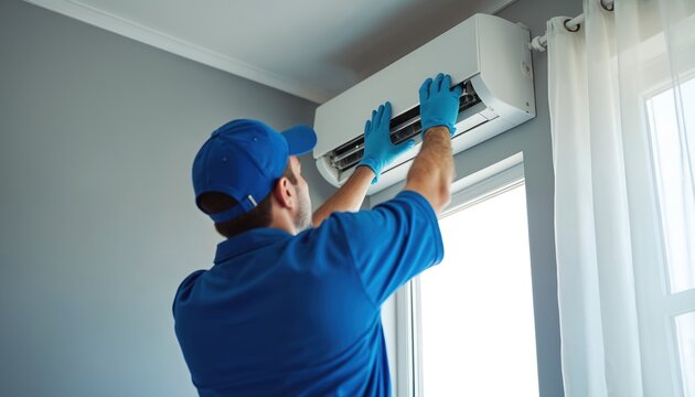 Air conditioning technician repairs AC unit indoors. Male worker in blue uniform fixes air conditioner. Maintenance service. Repairman installs portable cooling system, cleans filter. Pro worker at